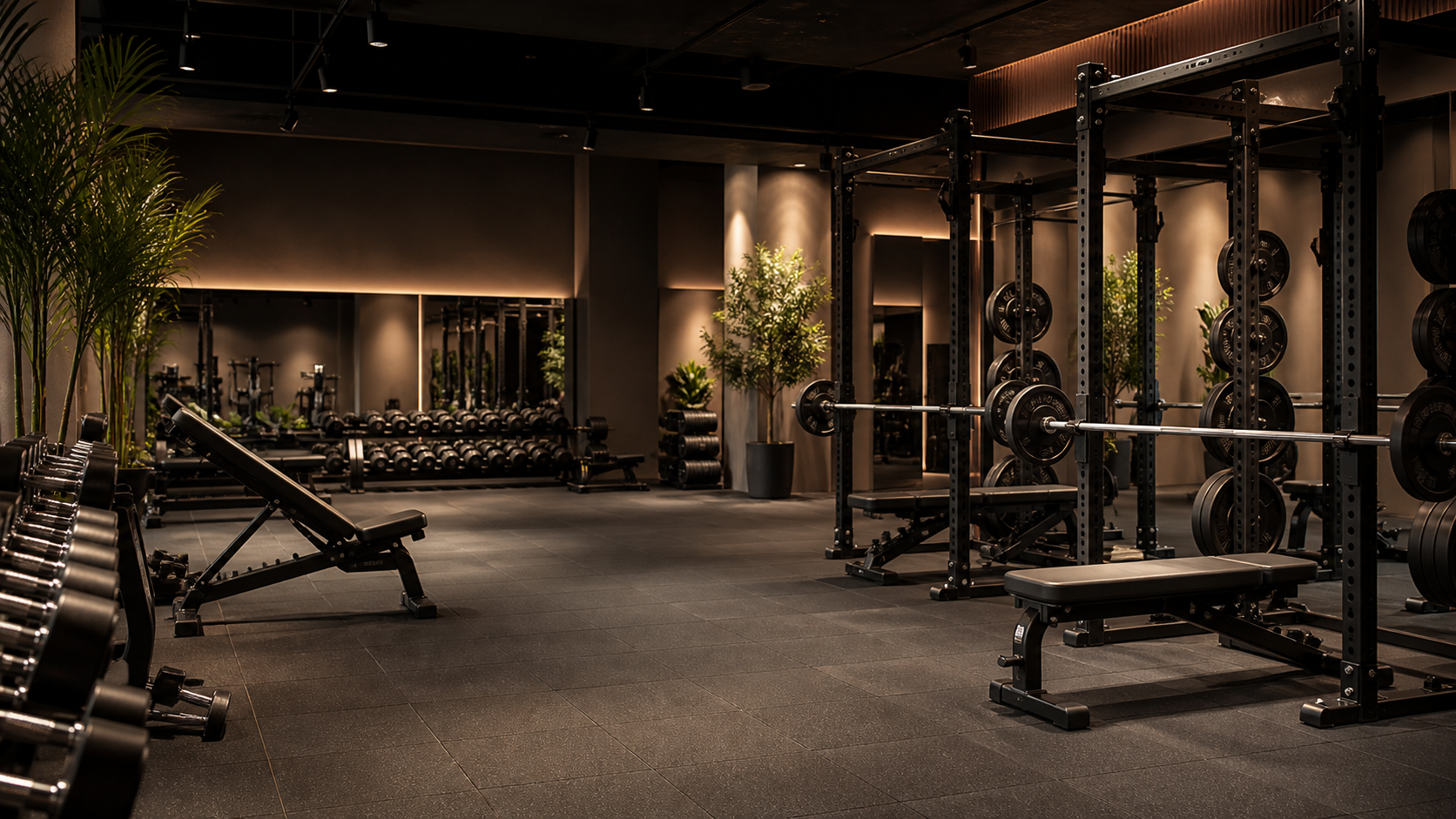 Concept artwork of a neutral strength-training floor, not documentary media for The Gym House